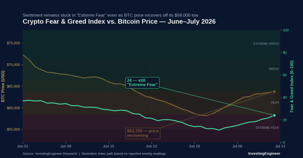 Crypto Market Outlook: Can Bitcoin's Rebound Survive CPI and the Fed? (July 13–17, 2026) 2 Fear & Greed Index vs. BTC price, June–July 2026